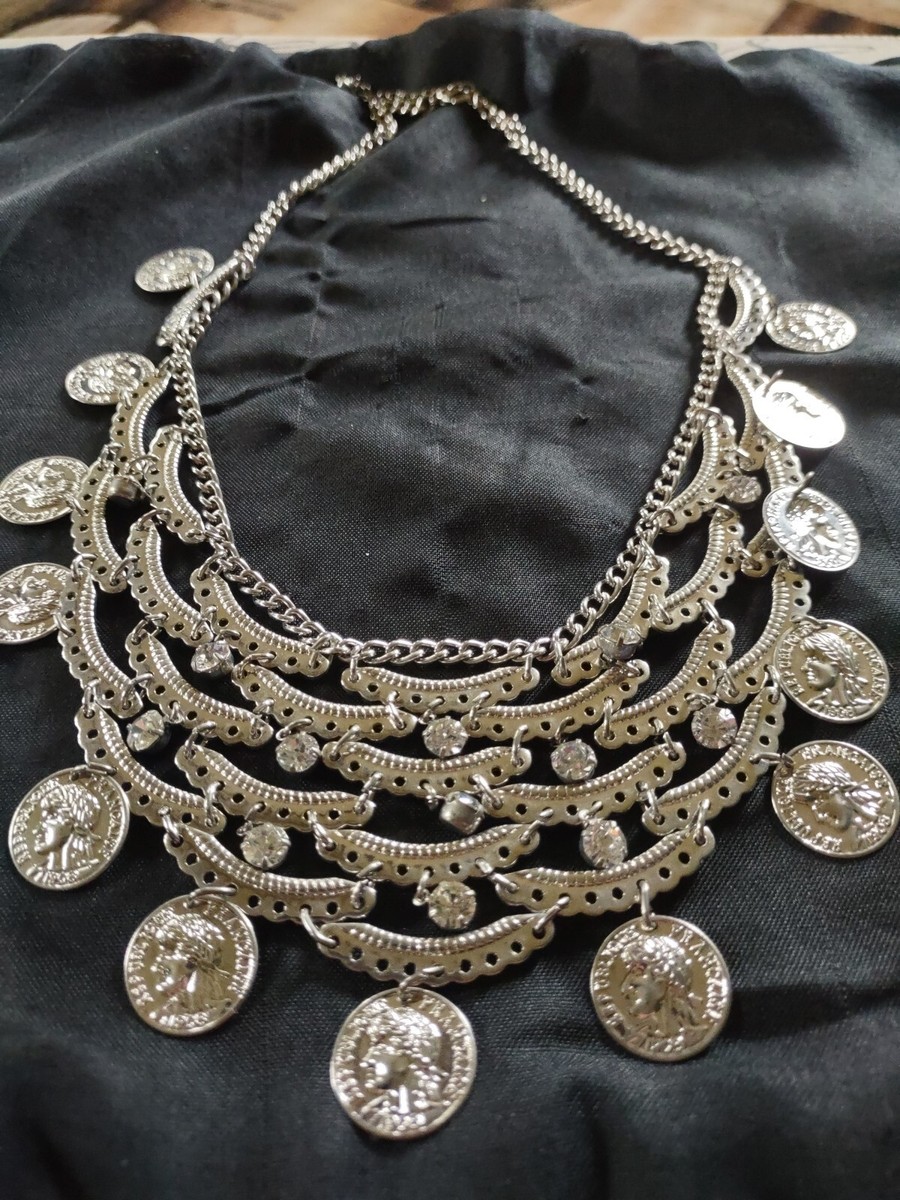 Unbranded Maxi Coin Tassel Necklace W/Rhinestone Silver tone Statement |  eBay