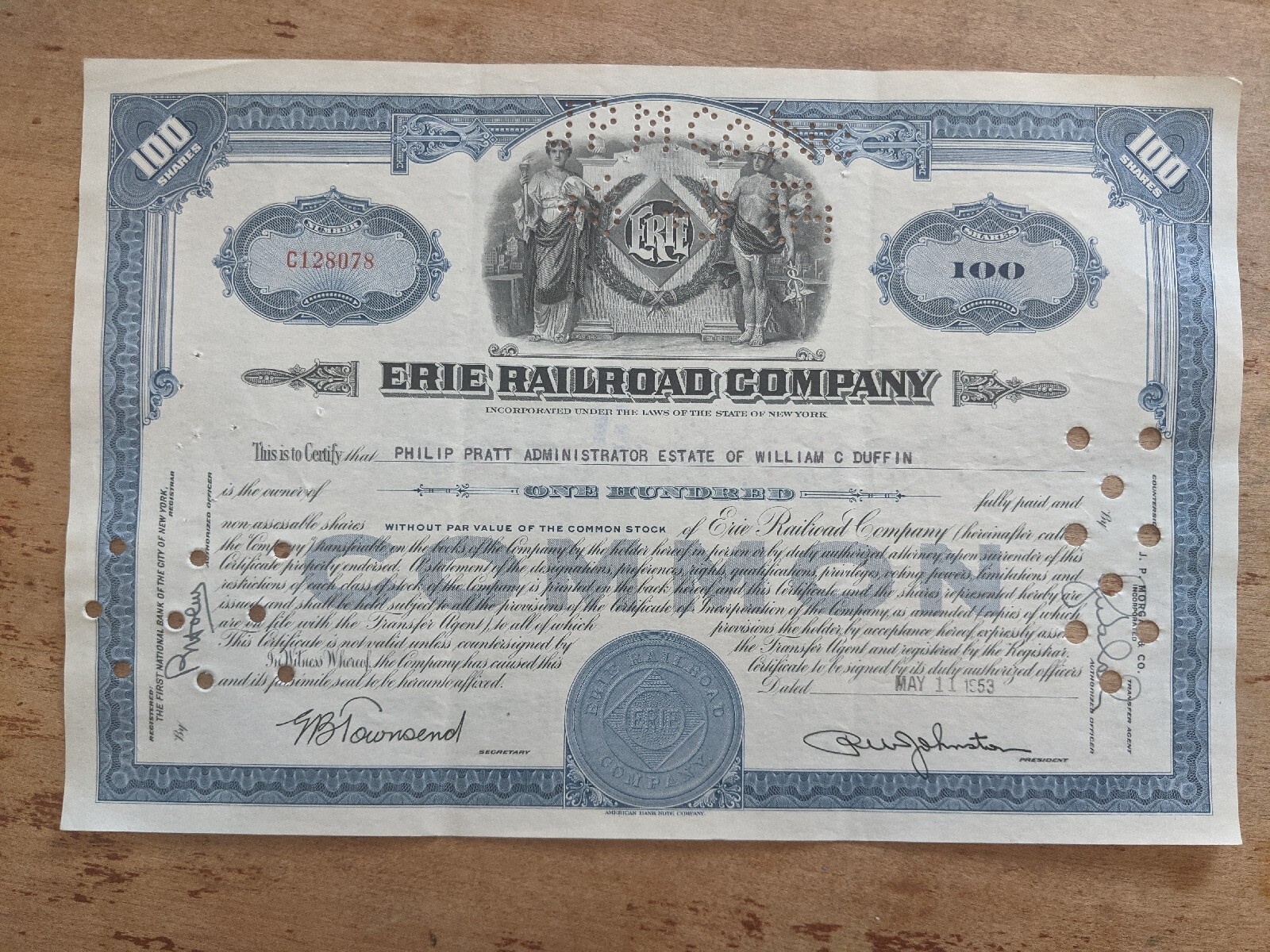 Railroad Stock Certificate Eerie Railroad 1953 Common 100 Shares