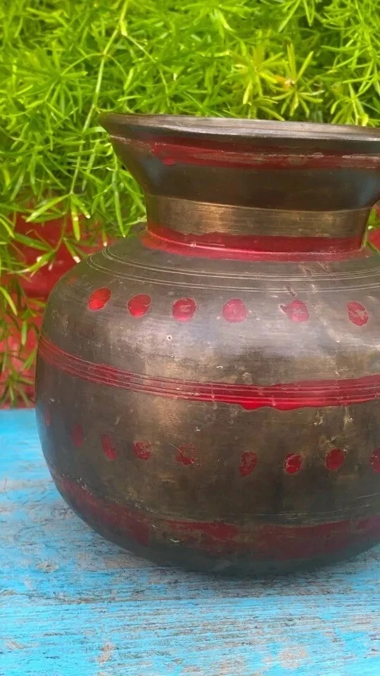 Vintage Old Bronze Hand Forged & Painted Hindu Worship Holy Water Ganga Jal Pot - Image 2 of 4