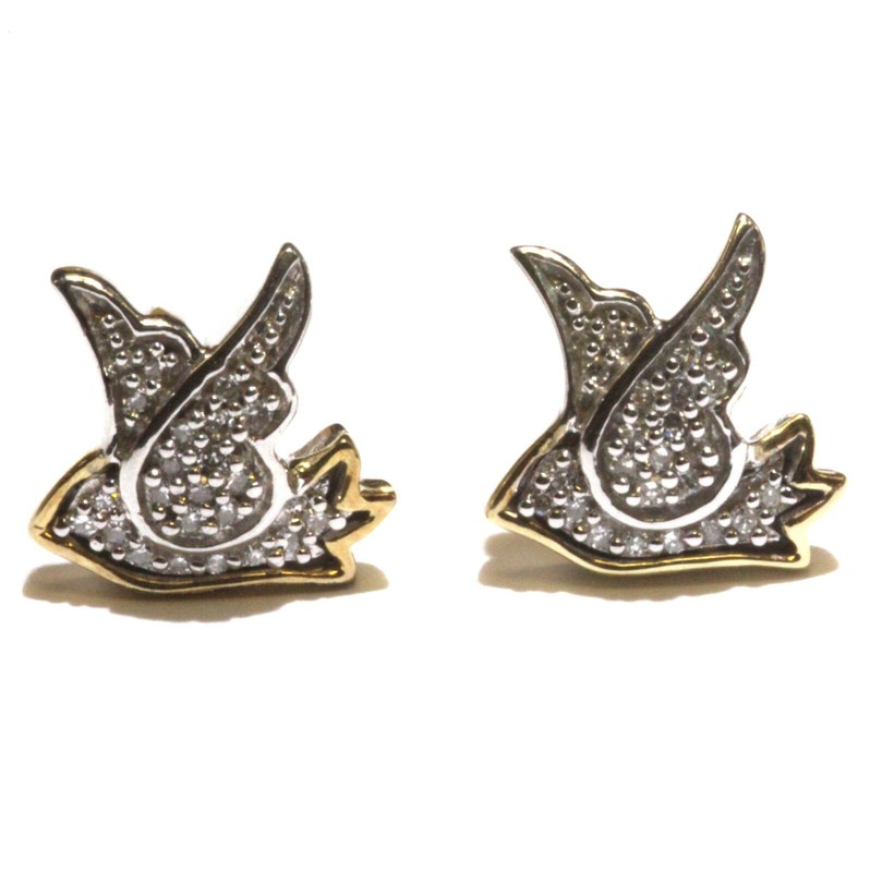 New 925 10k yellow gold .11ct diamond Dove Birds stud earrings unique  