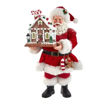 11-inch Battery-Operated Santa with Light-up Gingerbread House Multi Color