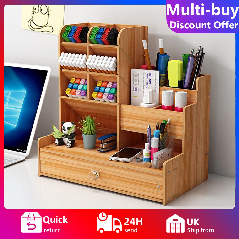 Wooden Pen Pencil Storage Holder Office Study Desk Organizer Box