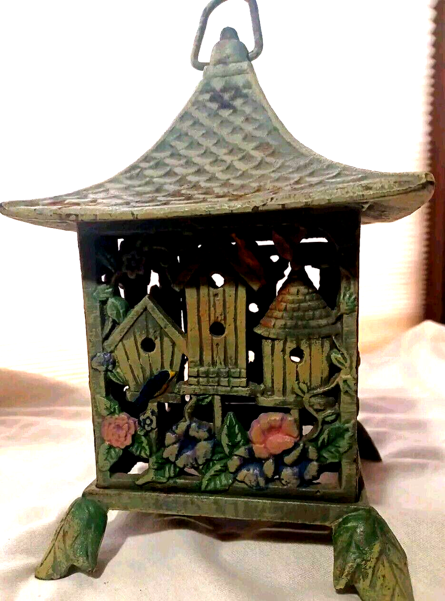 Vintage Cast Iron Lantern Birdhouse Tea Garden Asian Pagoda Candle