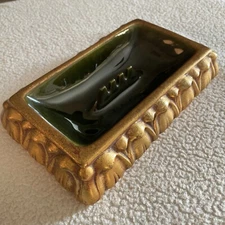 MCM Anthony Freeman Ceramic Ashtray Green Gold Gilt 8.25” Long