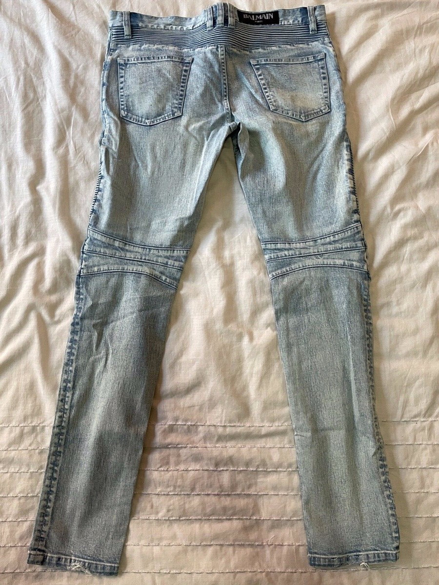 $1495 Balmain Light Blue Destroyed And Ribbed Biker Jeans Size 33