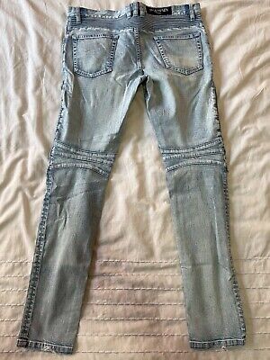 $1495 Balmain Light Blue Destroyed And Ribbed Biker Jeans $1495 Balmain Light Blue Destroyed And Ribbed Biker Jeans