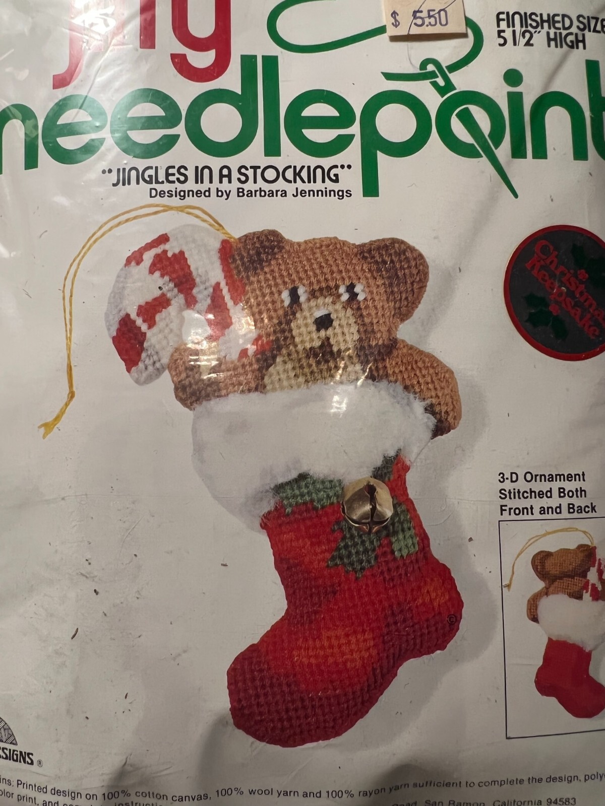 Jiffy Needlepoint CHRISTMAS JINGLES in a STOCKING ORNAMENT NEEDLECRAFT