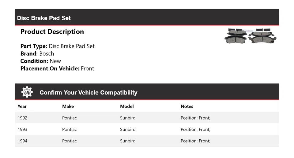 Pastillas de freno delanteras de cerámica QuietCast 1993 para Pontiac Sunbird Bosch 1992-1994 Foto 2 de 4