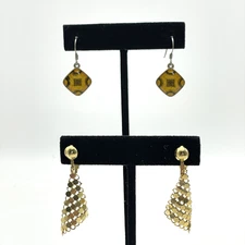 Vintage Earrings Lot of 2 Dangle Clip On Mesh and Geometric Gold Tone Enamel
