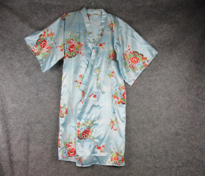 Ichi Ban Kimono Robe Womens L fits XS Blue silky floral Japanese No Belt Japan