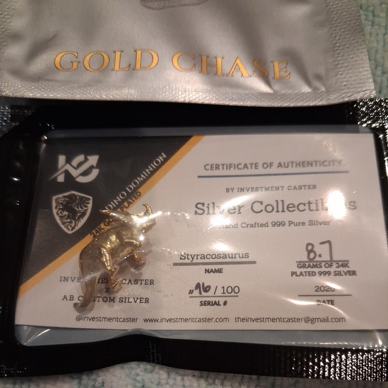 Investment Caster Dino  Styracosaurus 999  Silver 9 Grams #96/100 gold plate 24k