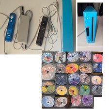 Nintendo Wii Blue Console RVL-101 Tested Bundle 2 Remotes Binder 23 Games