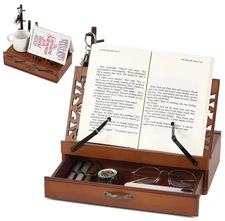 Adjustable Wooden Book Stand with Storage - Multi-Function Hands Free Book Ho...