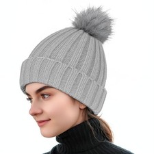 Beanie for Women Men, Soft Beanie hat with Faux Fur Pom for One Size Gray
