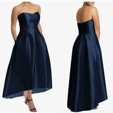 NWT Alfred Sung Corset-top High-low Gown Dress Midnight Navy Blue Satin Size 0