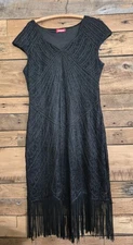 Kayamiya Black Beaded Fringe Flapper Dress Size L 1920's Gatsby Party Art Deco 