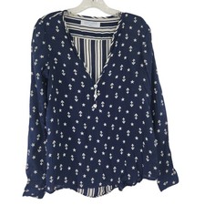 Lucy Love Navy Blue Anchor Nautical Coastal Blouse Size Small Made in USA