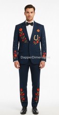 Men 2PcBlue Bespoke Guitar Embroidered Nudie Western cowboy Cocktail Prom Outfit