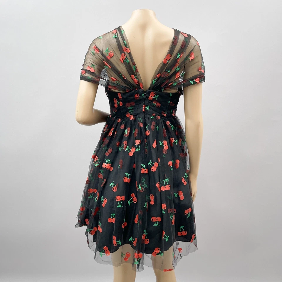 Unique Vintage Dress Women XL/14 Glitter Cherry Print Tulle Babydoll Mini Pin Up - Image 4 of 4