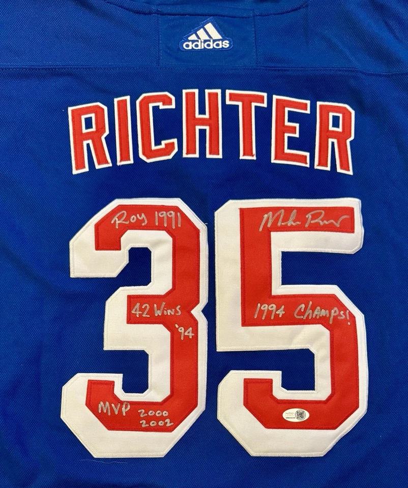 CAMISETA DE LA NHL FIRMADA CON INSCRIPCIÓN MÚLTIPLE DE LOS NEW YORK RANGERS LEGEND MIKE RICHTER CON JSA Foto 2 de 4