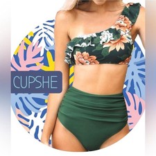 CUPSHE Women's L Floral Green One Shoulder High Waist Tummy Control Bikini