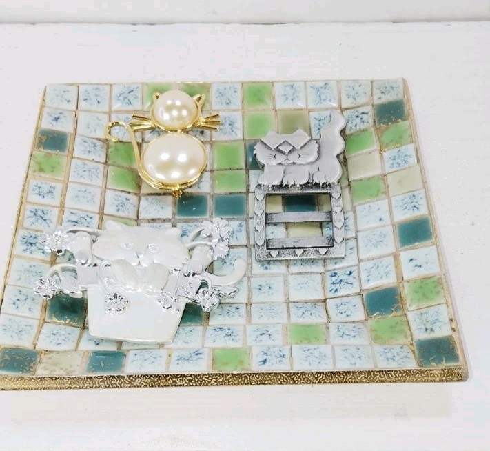 Retro Mid Century Core Tiled Dish Tray Trinket Dish Green Blue Gold 5" Square