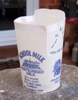 ( milk bottle ) old waxed carton : SCHOOL MILK Davies Llanelli WALES Royal dairy