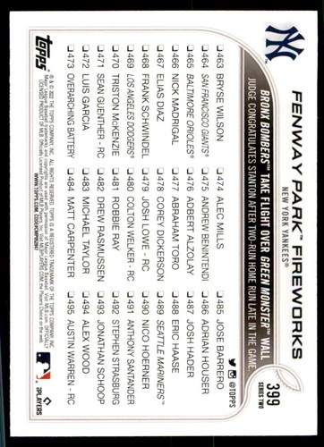 2022 Topps New York Yankees Baseball Cards #399 - Picture 2 of 2