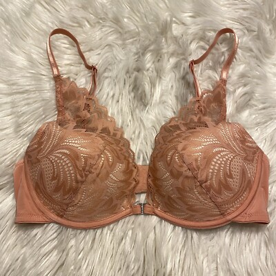 Adore Me 34D Bra Pink Padded Push Up Plunge Front Closure