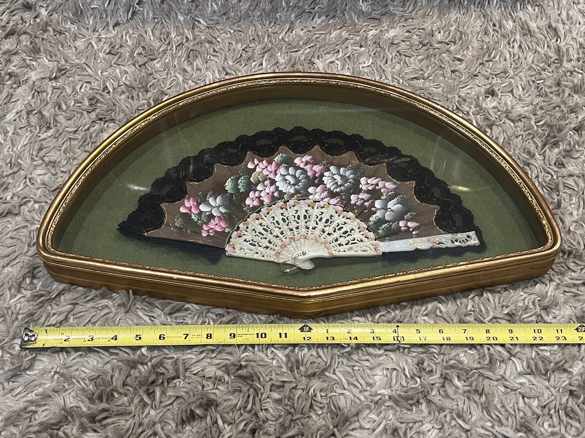 Antique French hand paint Fan in wood carved gold gilt frame wall