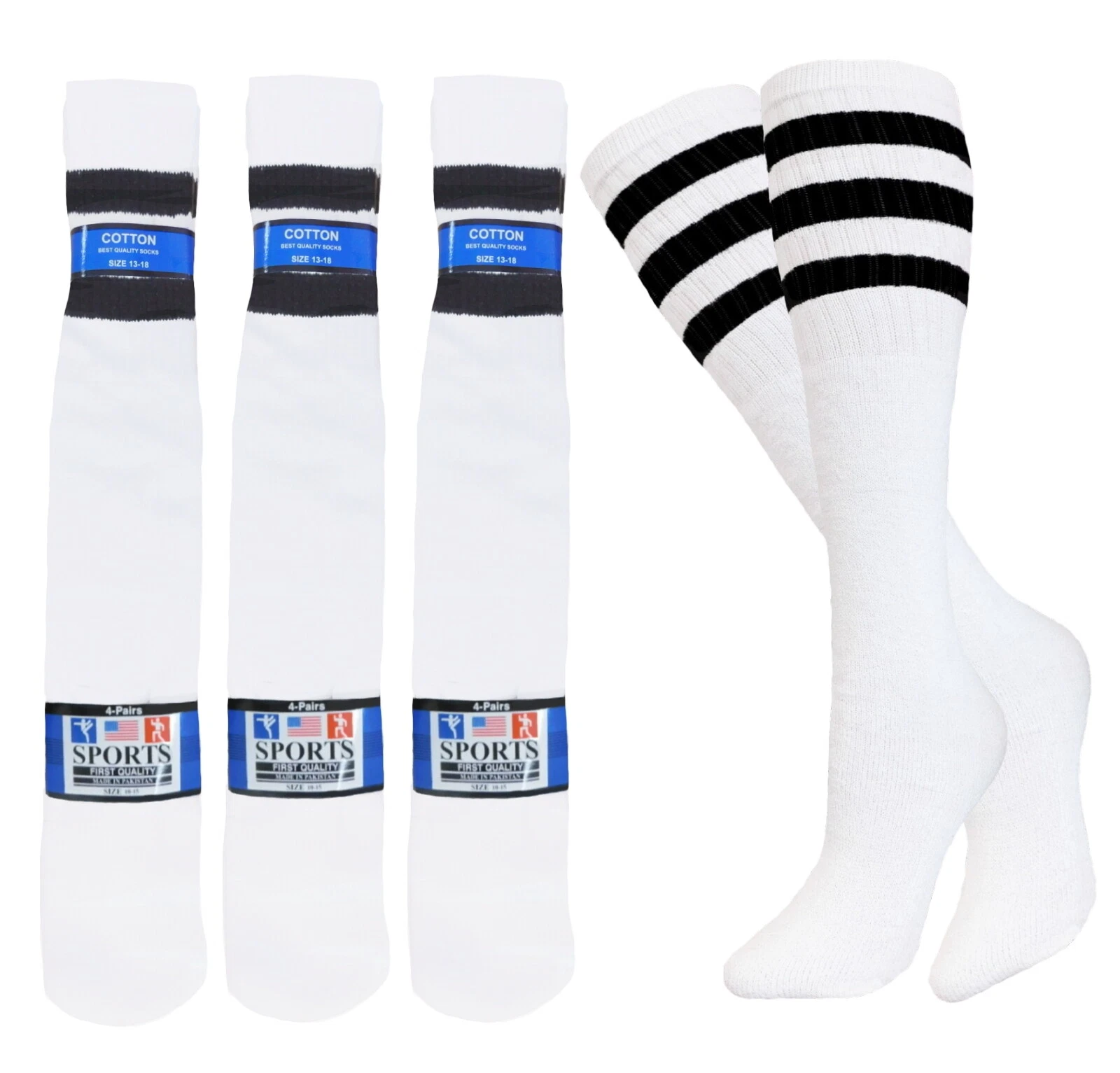 12 PK TUBE SOCKS WHITE BLACK STRIPE OLD SCHOOL LONG SOCKS SIZE 10-15
