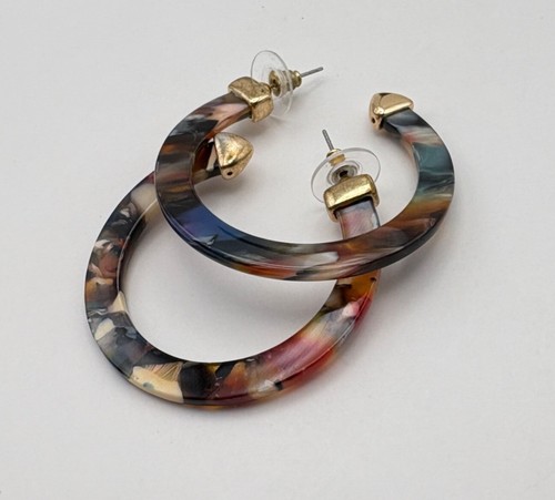 Vibrant Multicolor Acrylic Hoop Earrings with Gold-Tone Accents Marbled Look - Picture 2 of 7