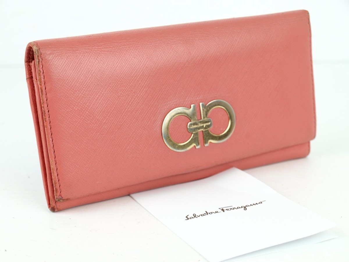 Salvatore Ferragamo Gancini Peach Pebbled Leather Long Wallet