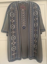    Johnny Was Gray Cotton Open Front Poncho w/ Blue  White Embroidery Sz S NWOT