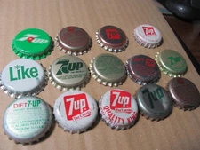 14 DIF 7UP  7 UP BOT  SODA PLASTIC LINED BOTTLE CAPS 8-NOS  6-USED BOTTLE CAPS