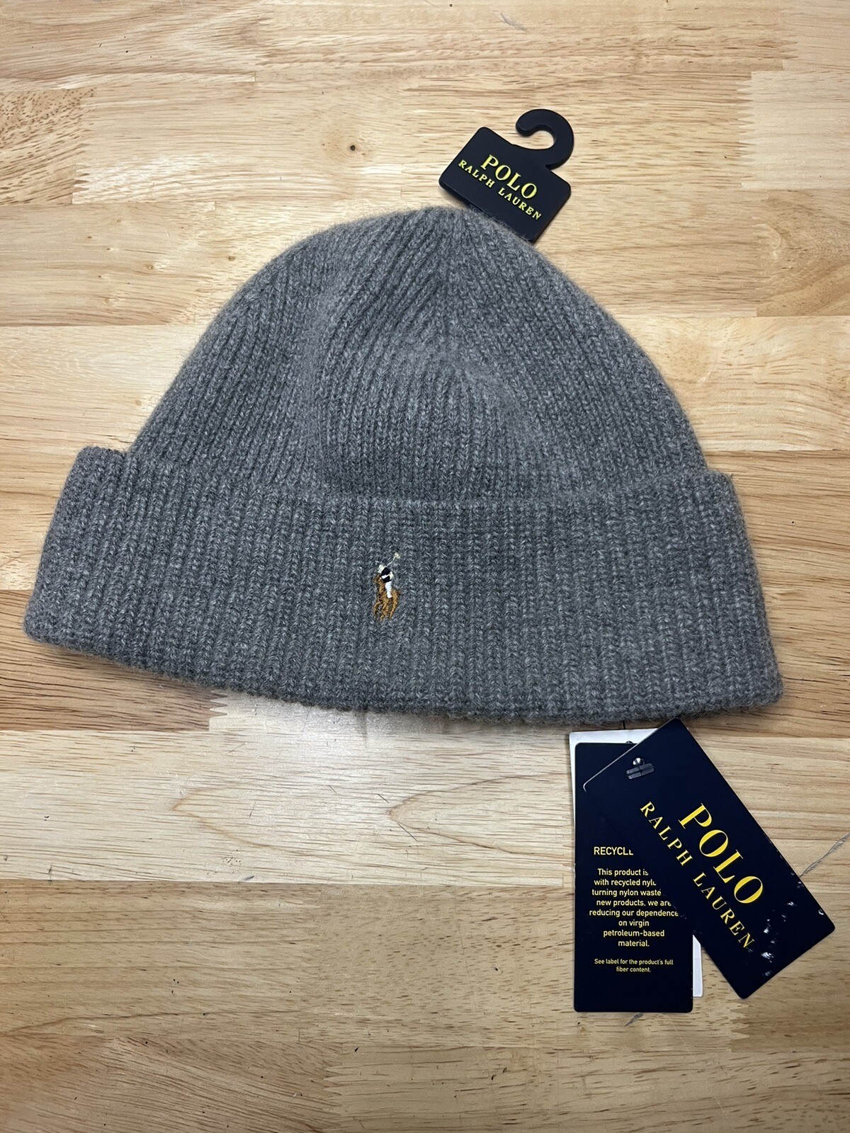 Cappello berretto Polo Ralph Lauren grigio polsino misto lana firmato maglia pony nuovo con etichette