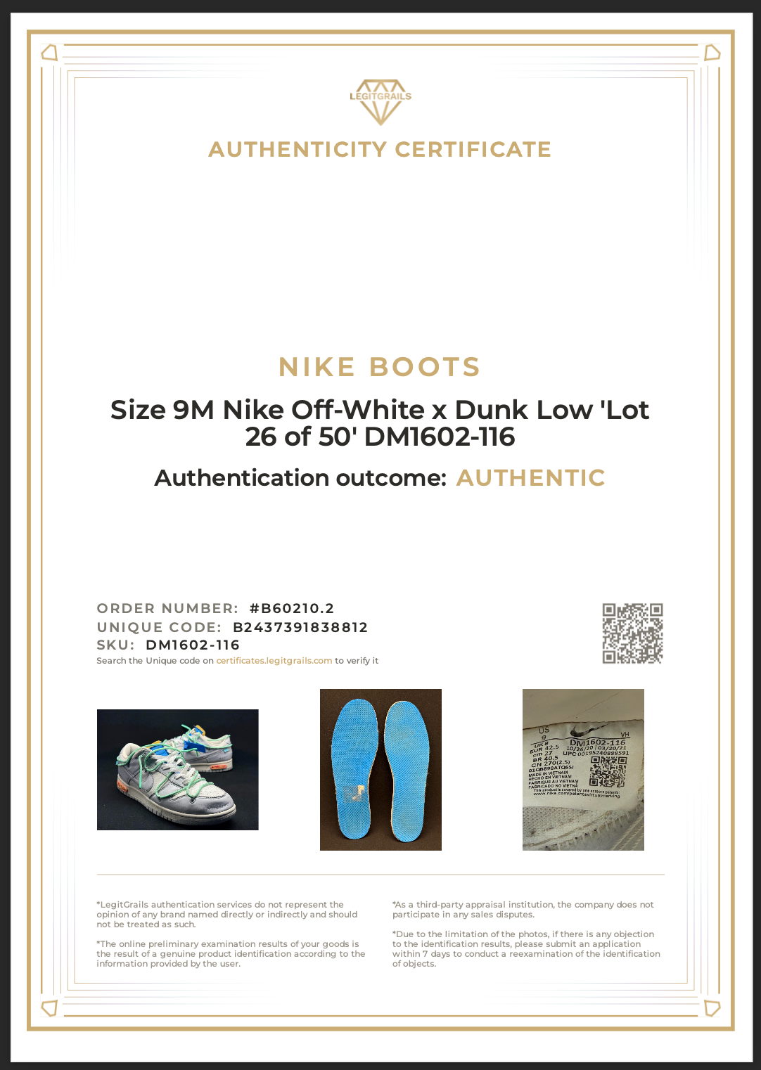 OFF WHITE X NIKE Taglia 9M Nike Off White x Dunk Low 'Lotto 26 di 50' DM1602 116