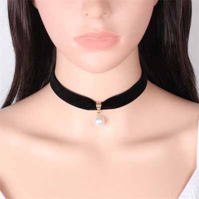Choker Necklace Women Pearl Pendant Black Velvet Ribbon