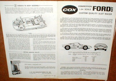 Cox Ford GT 1/24 Scale Slot Car Racer Assembly Instruction Sheet