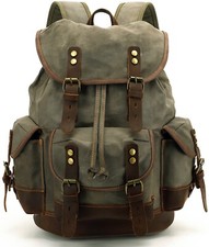 HuaChen Waxed Canvas Leather Backpack Travel Hiking Rucksack Camping School Bag
