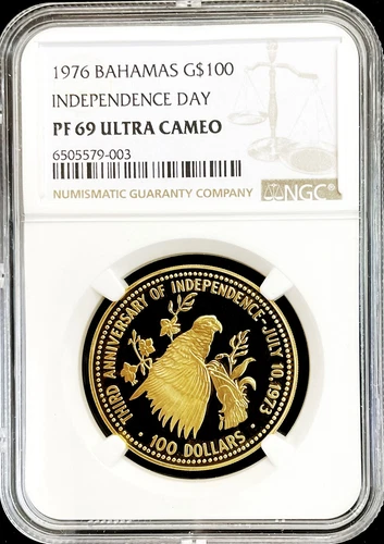 1976 GOLD BAHAMAS $100 AMAZON PARROT COIN NGC PROOF 69 ULTRA CAMEO