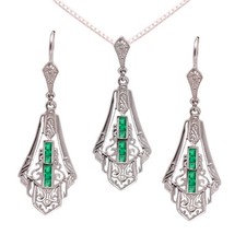 Pendant Earring set Sterling silver Natural Emerald Art Deco Jewelry