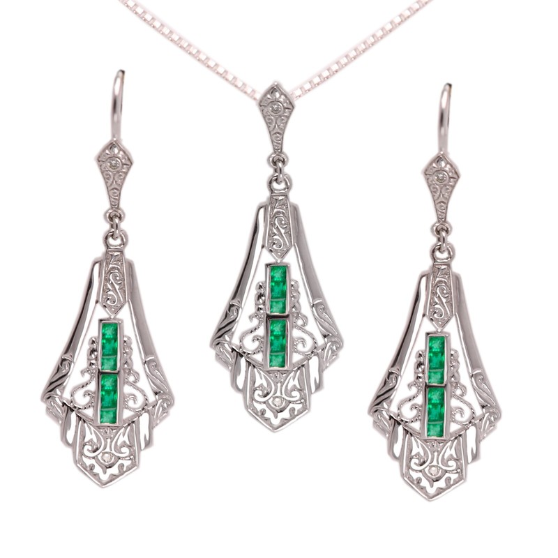 Pendant Earring set Sterling silver Natural Emerald Art Deco Jewelry