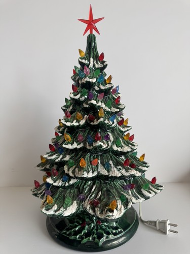 VINTAGE 17" Flocked Ceramic Christmas Tree Complete Snow Flocked Red Star Works