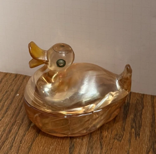 Vintage Jeanette 50s Marigold 6” Carnival Glass Duck Trinket Candy Dish