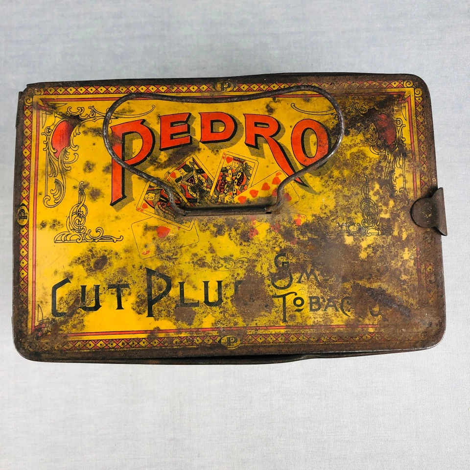 Antigua lonchera de cubo de lata de tabaco con tapón cortado PEDRO 1910 WM S KIMBALL para fumar EE. UU. Foto 3 de 4