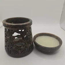 Oil Diffuser - Natural Soapstone Oil Burner Round Leaves 4.5" Yankee Candle 