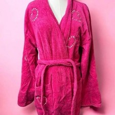 Y2k Victorias Secret 2000 Terry Cloth Hot Pink Robe Embroidered Hearts Large