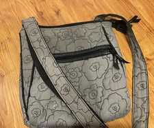 Thirty-One Gray & Black Quilted Poppy Floral Crossbody Shoulder Bag Purse