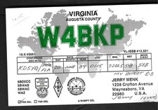 Scheda radio CB QSL "W4BKP,Jerry,89,Augusta Co.,Mappa dei paesi",Virginia (Q9111)